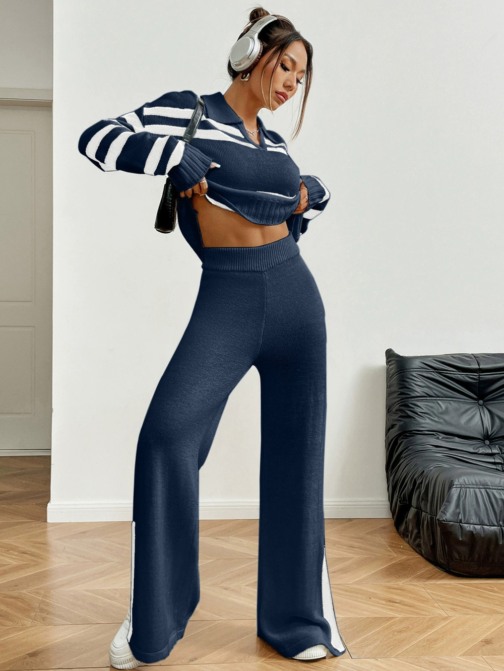 Zara Casual Color Block Collar Pullover Sweater Wide Leg Pant 2 Piece Set